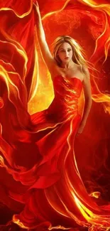 A woman in a fiery red dress dancing surrounded by flames.