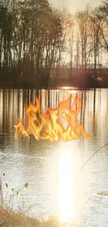 Fiery reflection on a serene lake at sunset.