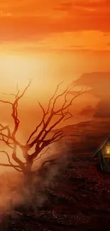 Fiery landscape with cabin under dramatic sunset.