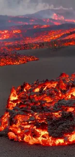 Mobile wallpaper of a glowing lava flow from a volcanic eruption.