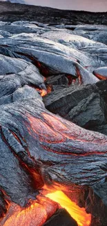 Molten lava flowing over rugged terrain with vibrant, fiery colors.