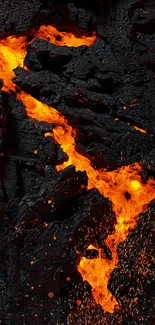 Vibrant orange lava flowing through dark rocks, creating a dramatic phone wallpaper.