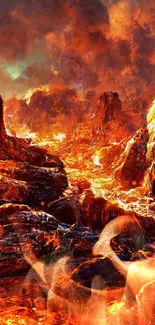 Fiery lava landscape with intense colors and rocky formations.