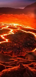 Fiery red lava landscape with glowing volcanic activity.