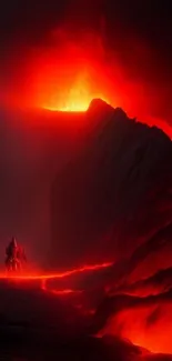 Fiery lava flowing down a dark mountainous landscape with glowing peaks.