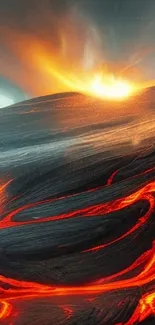 Fiery lava flowing on a mountain landscape.