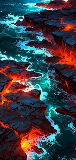 Lava flowing into the ocean in a vibrant wallpaper scene.