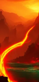 Fiery lava river flowing through rugged mountainous landscape.