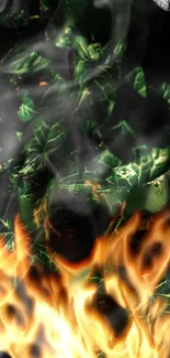 Mobile wallpaper featuring green leaves in flames.