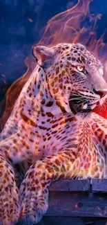 Fiery leopard resting in digital art wallpaper.