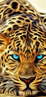 Fiery leopard with blue eyes in artistic wallpaper design.