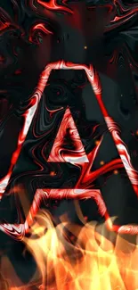 Fiery letter A with flame effects on a black and red abstract background.