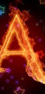 Fiery letter A with neon stars on dark background.