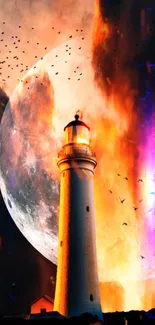 Fiery lighthouse and massive moon under a vibrant night sky with birds flying.