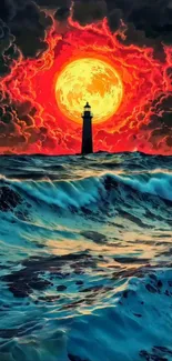 Lighthouse with fiery sunset and crashing waves.