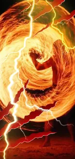 Fiery swirl with lightning on dynamic wallpaper background.