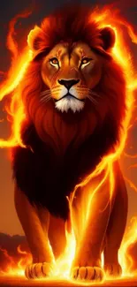 Fiery lion wallpaper with blazing flames and vivid orange hues for mobile phones.