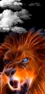 Fiery lion and clouds mobile phone wallpaper with vibrant colors.