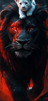 Fiery-eyed lion with cub on head, glowing red in a dynamic artistic setting.