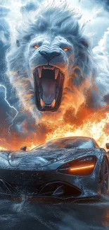 Roaring lion above blazing sports car with fire.