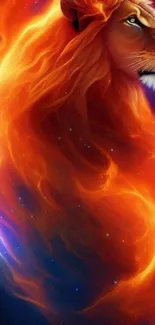 Digital art of a majestic lion with a fiery mane and cosmic background.