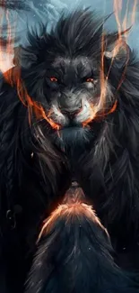 Fiery lion with glowing orange flames on dark background.