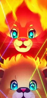 Fiery lion digital art wallpaper with vibrant reds and bold color contrasts.