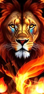 Fiery lion artwork with vivid flames.