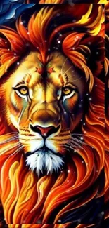 Fiery lion art wallpaper with vibrant colors.