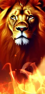 Fiery lion surrounded by flames in vibrant wallpaper.