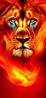 Fiery lion with red-orange flames in artistic wallpaper.