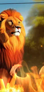 Artistic lion in fiery scene, vibrant mobile wallpaper.