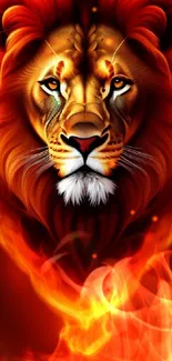 Vibrant lion head with fiery red-orange flames, perfect for mobile wallpaper.