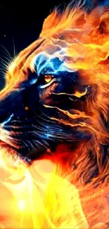 Fiery and dynamic artistic lion wallpaper with vivid orange flames.