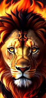 Artistic lion with fiery mane in vibrant orange flames.