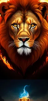 Fiery lion head with vibrant flames and intense gaze in mobile wallpaper.