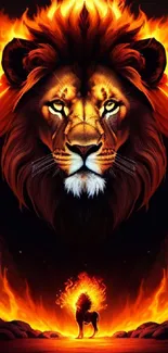 Majestic fiery lion with flames, stunning mobile wallpaper art.