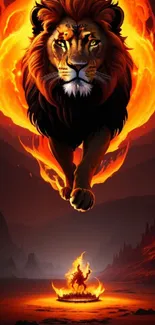 Fiery lion artwork with vibrant orange flames.