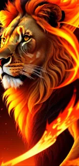 Illustrated lion with fiery mane, vibrant flames.