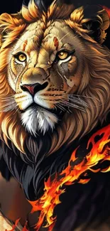 Majestic lion with fiery mane in a digital art wallpaper.