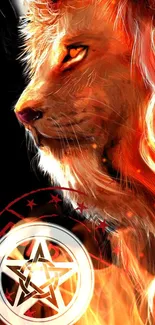 Fiery lion art wallpaper with mystical symbols.