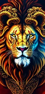 Fiery lion with intricate patterns on a vibrant colored mobile wallpaper.