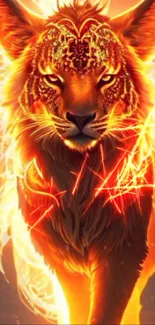 Fiery lion artwork with glowing orange and red accents.