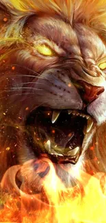 Fiery lion roaring with flames wallpaper.