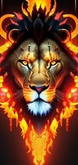 Fiery lion head artwork with vibrant colors.