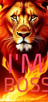 Mobile wallpaper showing a fiery lion with bold 'I'm Boss' text.