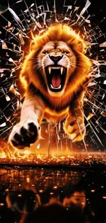 Fiery lion shattering glass in dynamic display.