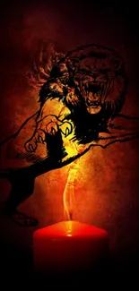 Lion silhouette over a glowing candle flame on a dark background.