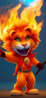 Cartoon lion with flames holding torches on a dark background.