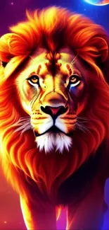 Majestic lion with fiery mane in a cosmic scene, perfect for wallpaper.